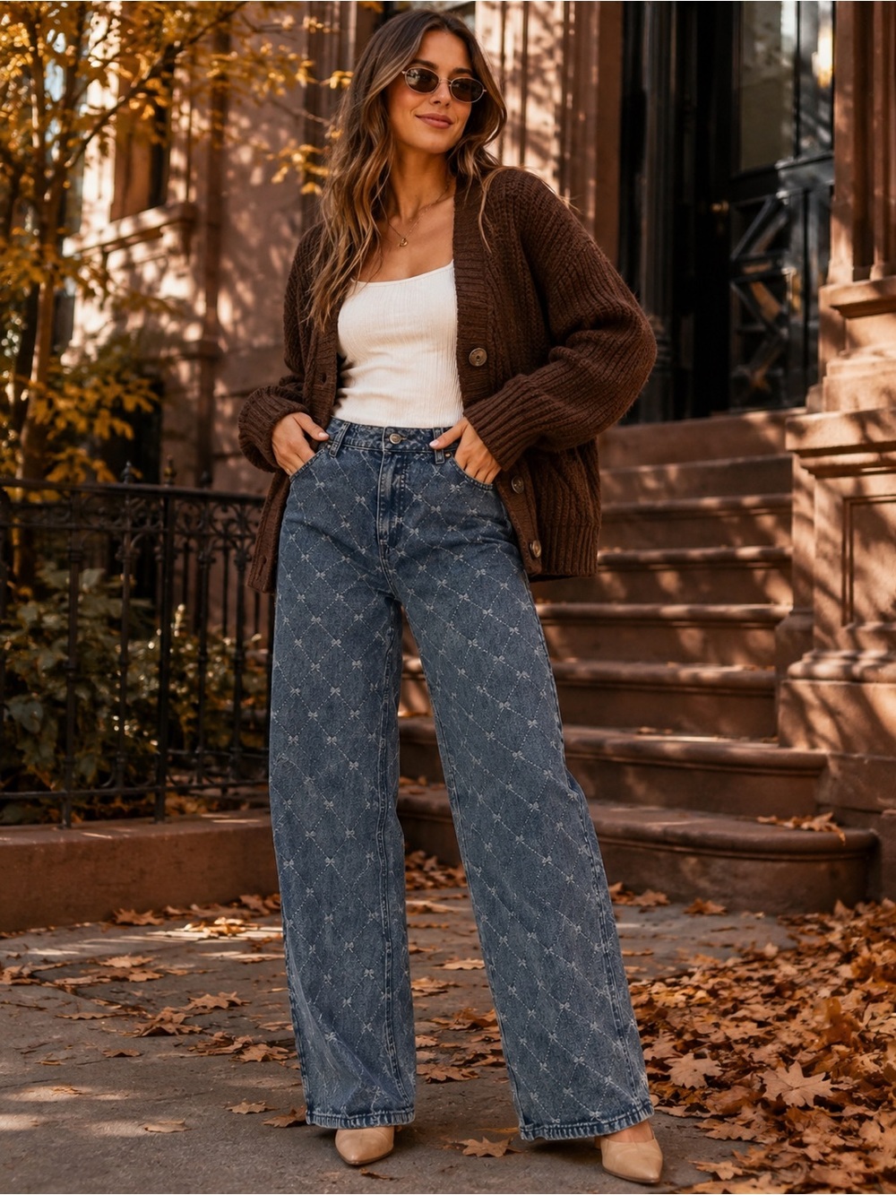 Wide Leg High-Rise Jeans w/ Bow Design - 699-691
